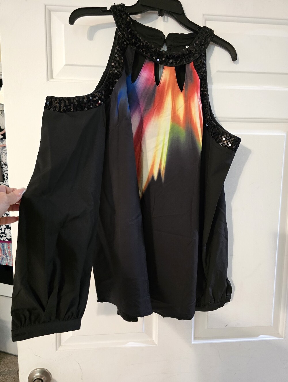 Black Cold-Shoulder Top with Multicolor Flame Print and Sequin Trim